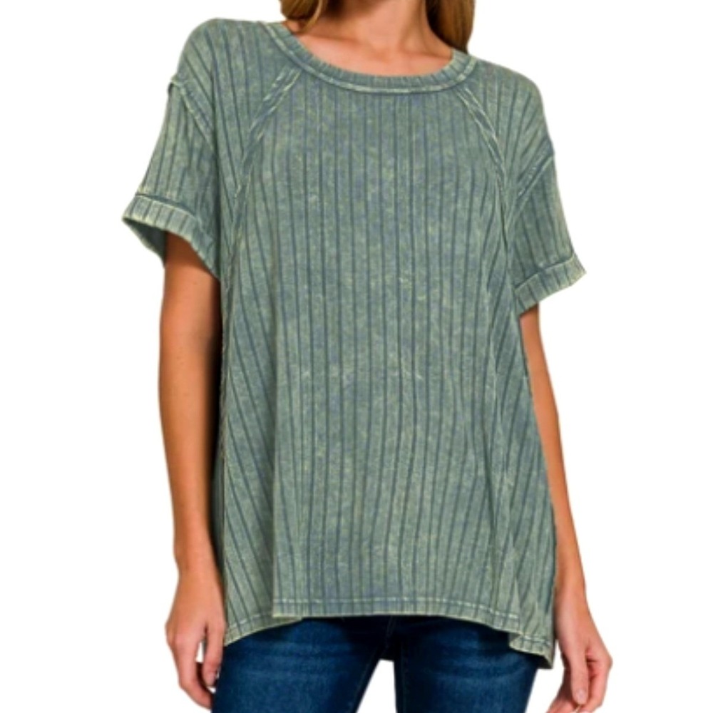 Zenana Ribbed Acid Wash Short Sleeve Top Dark Green Relaxed Oversized Grunge Tee